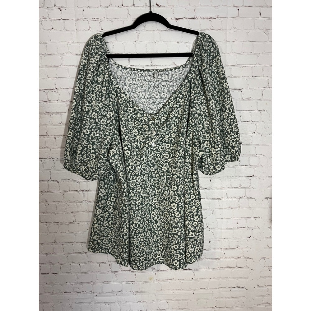 Cato Green Floral Balloon Sleeve Square Neck Blouse Plus Size 22/24W Boho Top